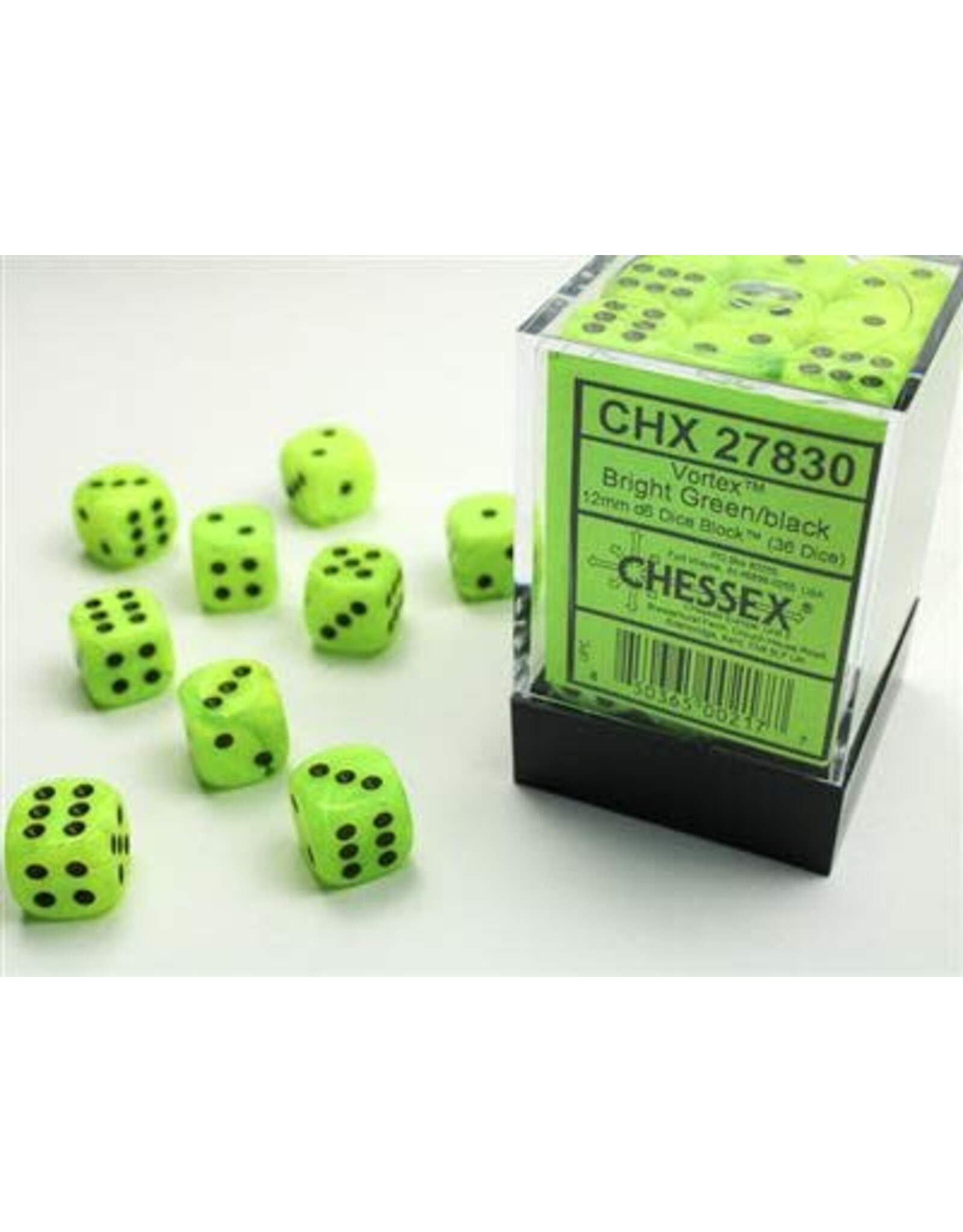 Chessex CHX27830 Vortex: 12mm D6 Bright Green/black Dice (36 dice)