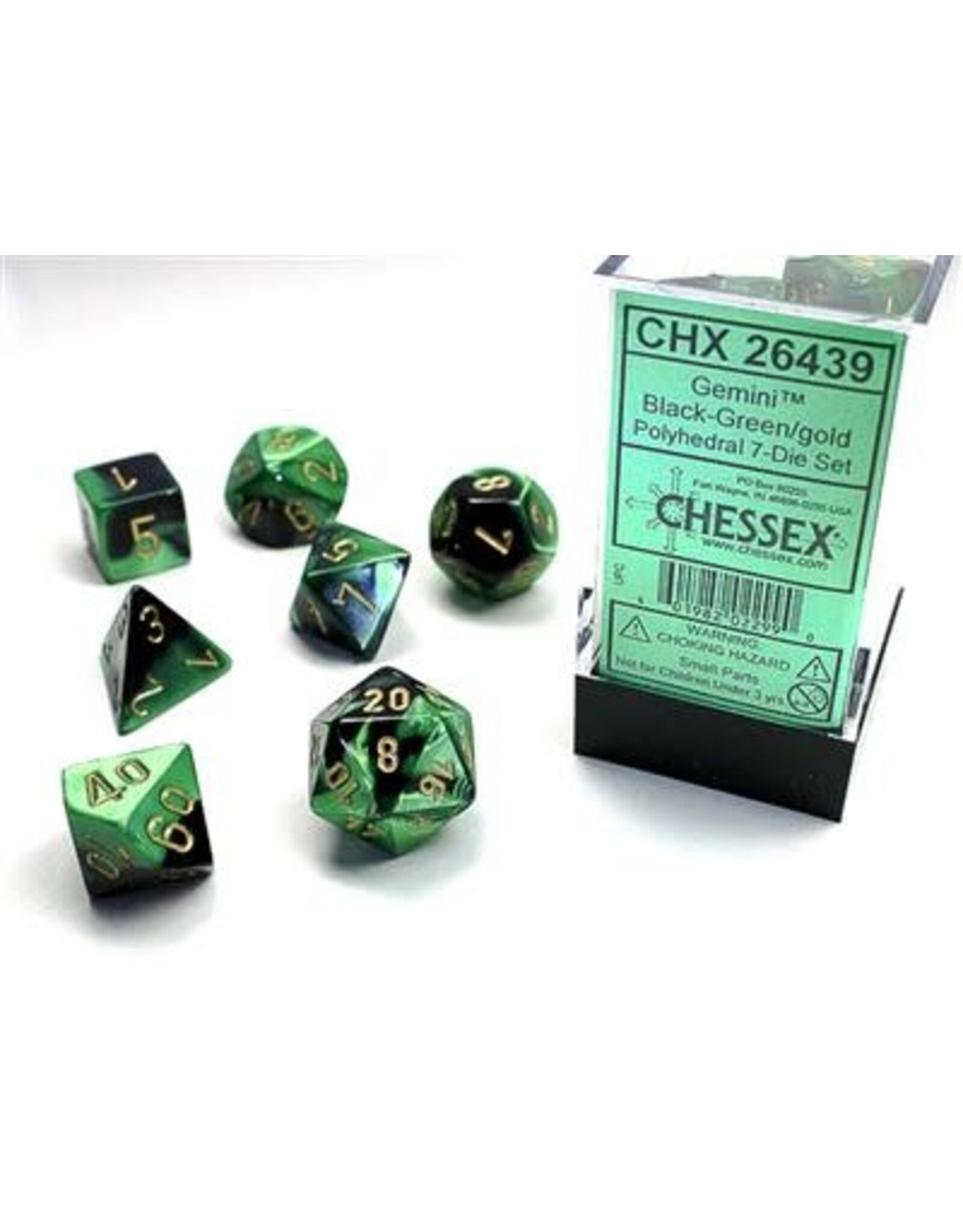 Chessex CHX26439 Gemini Polyhedral Black-Green/gold 7-Die Set
