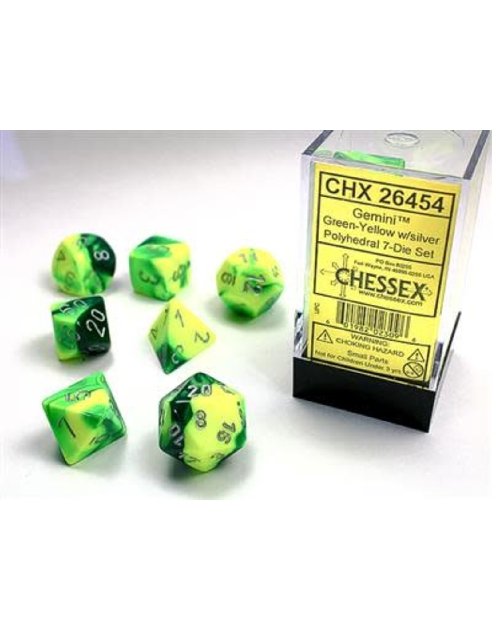 Chessex CHX26454 Gemini Polyhedral Green-Yellow/silver 7-Die Set