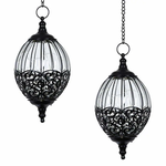 Set of 2 Solar Black Metal & Glass Hanging Lanterns w/LED Firefly Lights