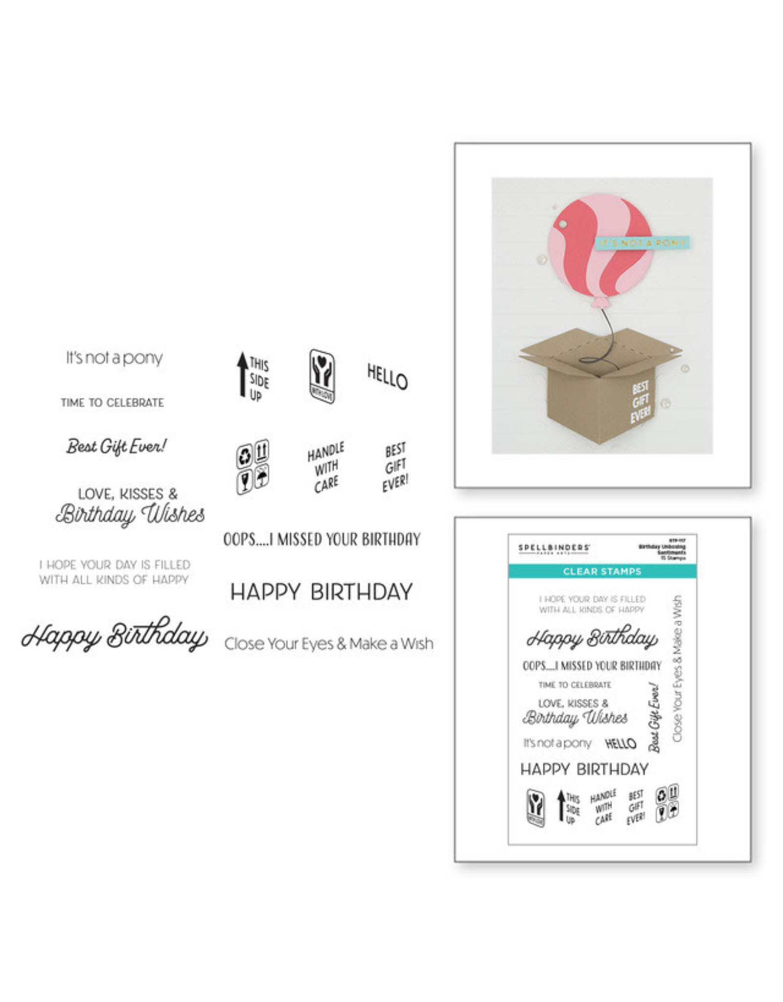 Spellbinders Birthday Unboxing Sentiments Clear Stamp Set