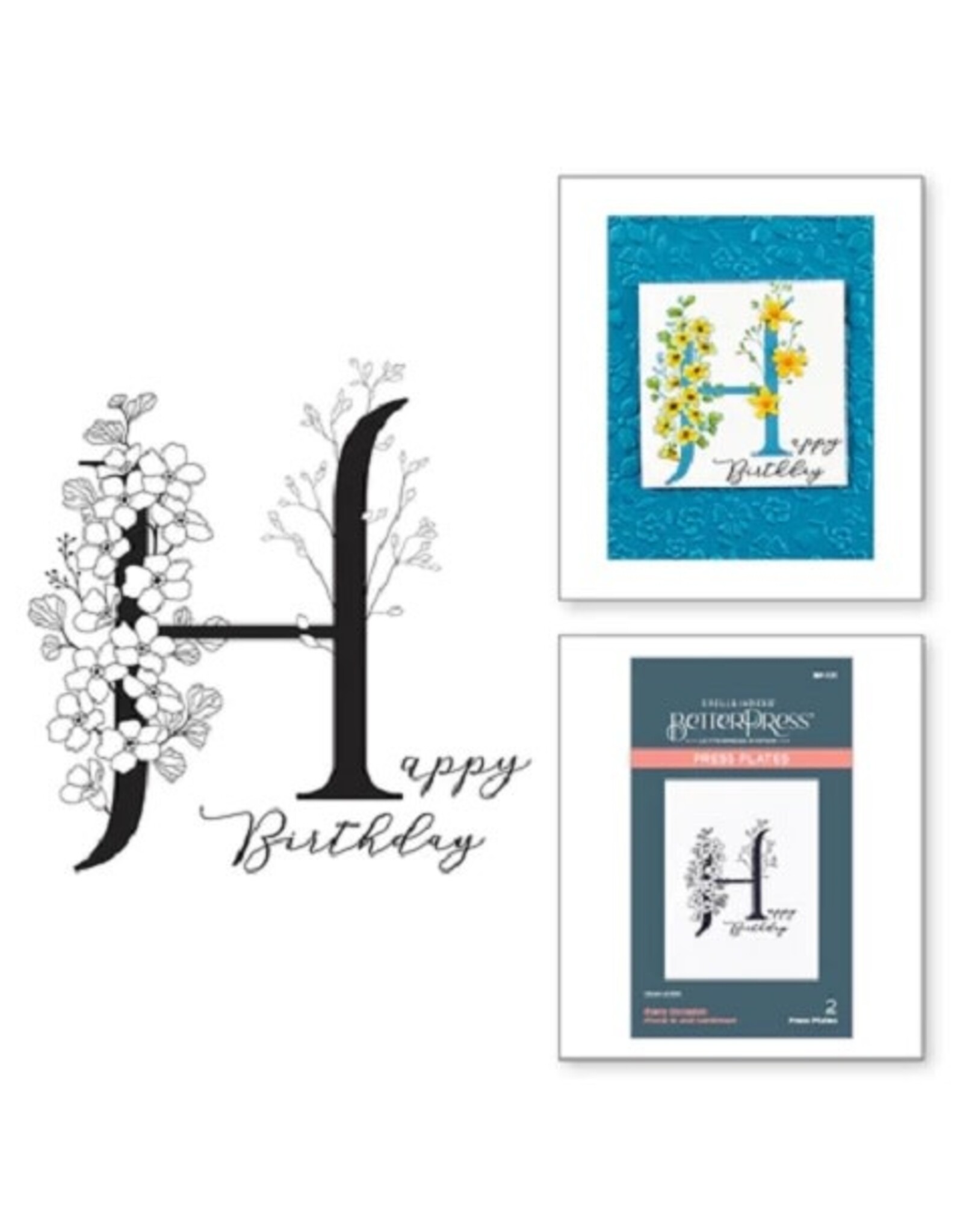 Spellbinders BetterPress - Everyday Occasion Floral Alphabet Collection - Floral H and Sentiment Press Plate