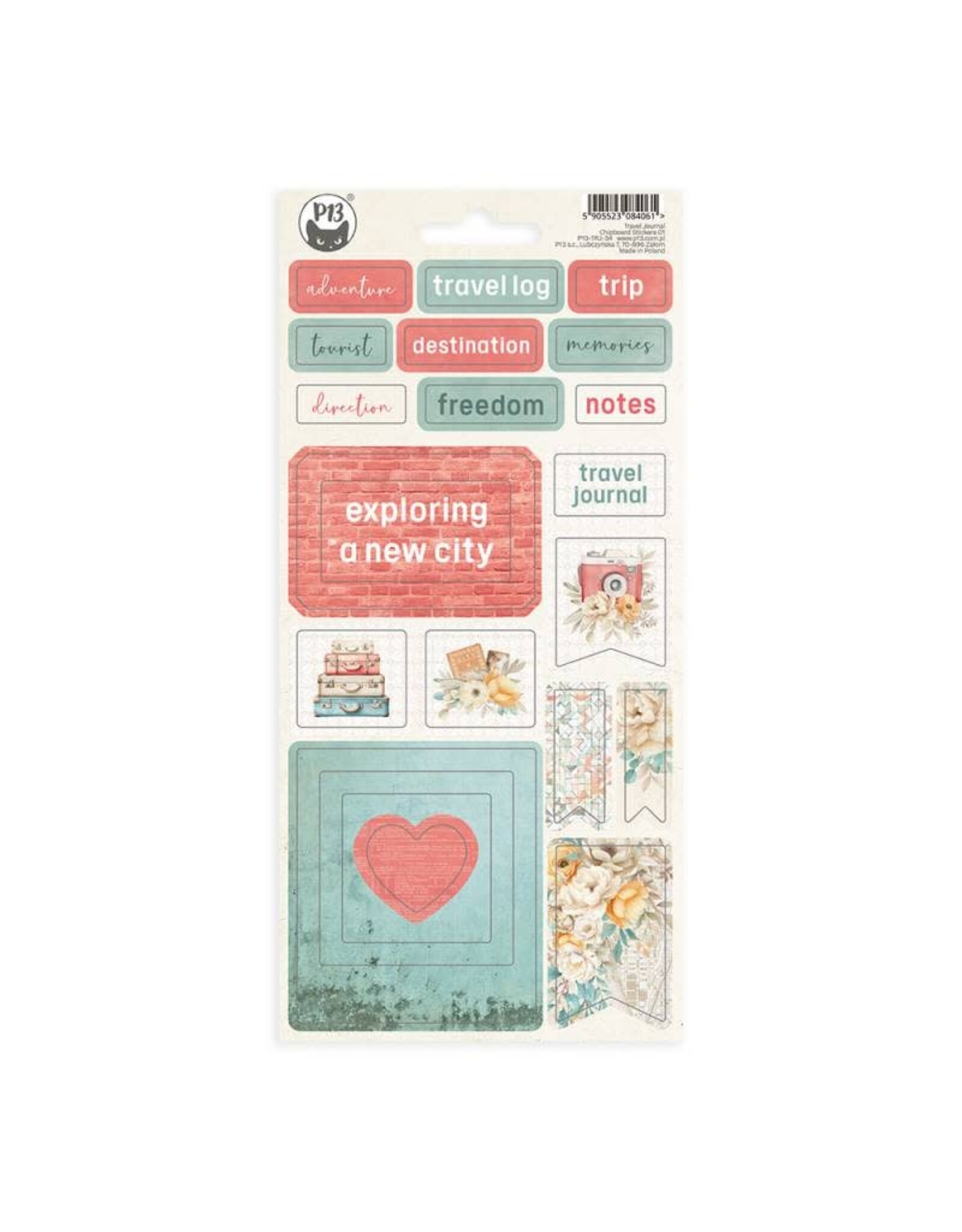 P13 Travel Journal Chipboard sticker sheet  01, 10,5 x 22cm