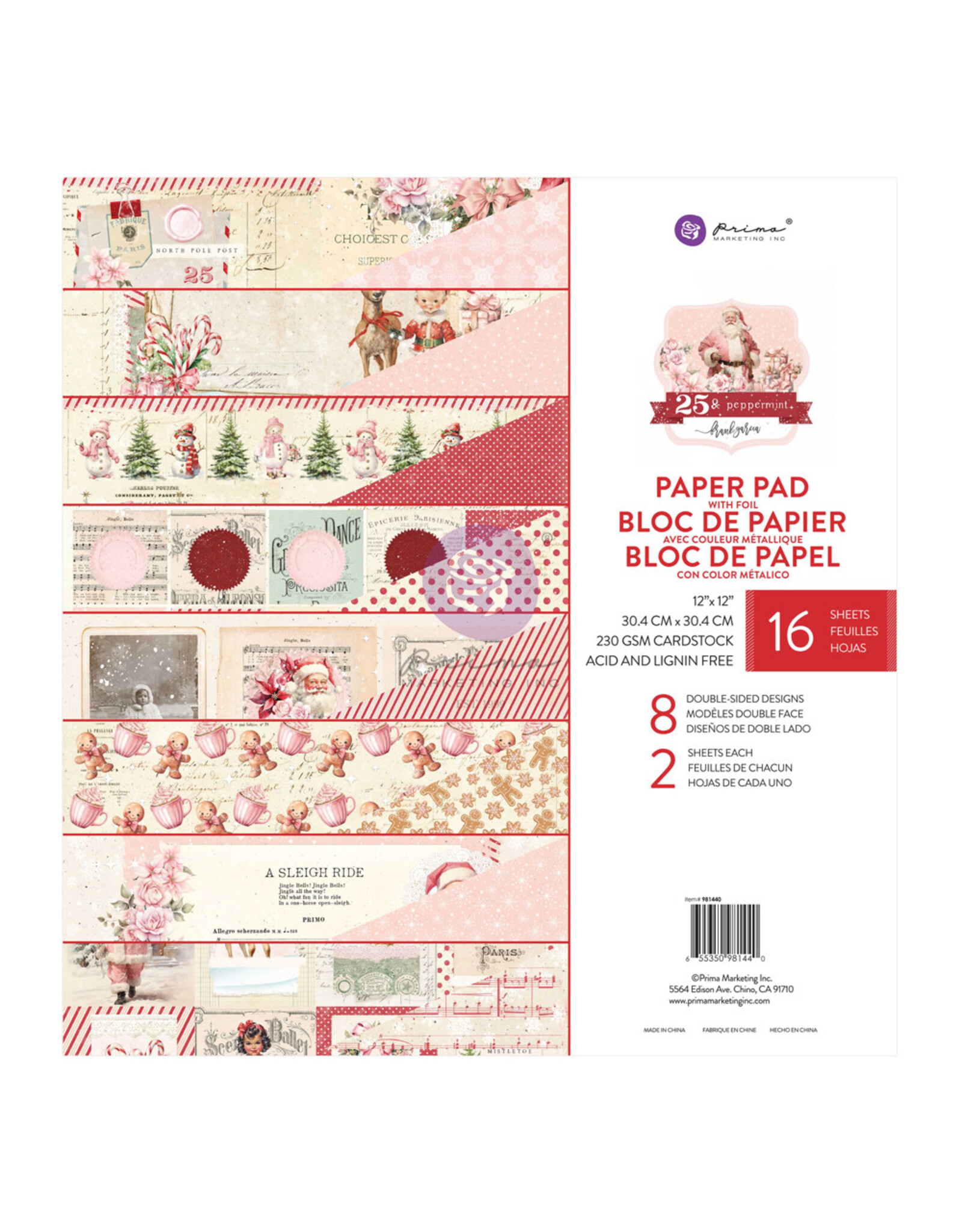 PRIMA MARKETING INC 25 & Peppermint Collection 12x12 Paper Pad - 16 sheets w/foil - 8 double sided designs x 2 sheets ea