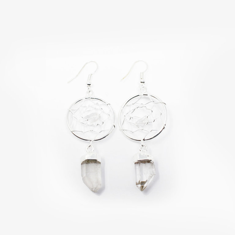 Clear Quartz Silver Plated Dream Catcher Earrings