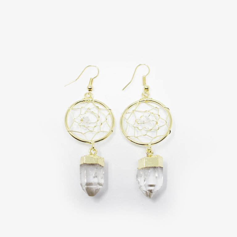 Clear Quartz Gold Plated Dream Catcher Earrings