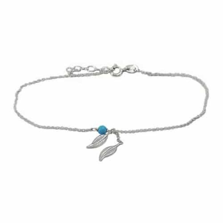 Silver Anklet - Leaf with Turquoise Charm