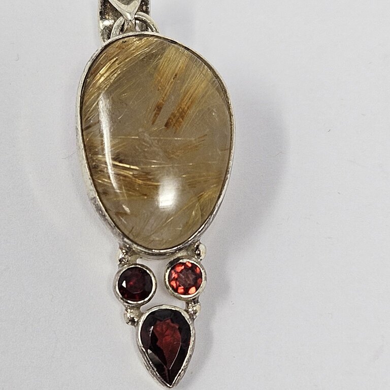 Rutile Quartz & Garnet Sterling Silver Pendant