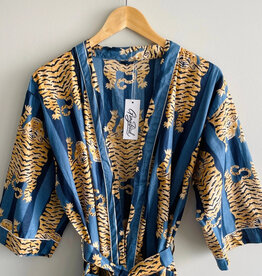 Blue Tiger - Cotton Block Printed Kimono Robe - Gray Bird