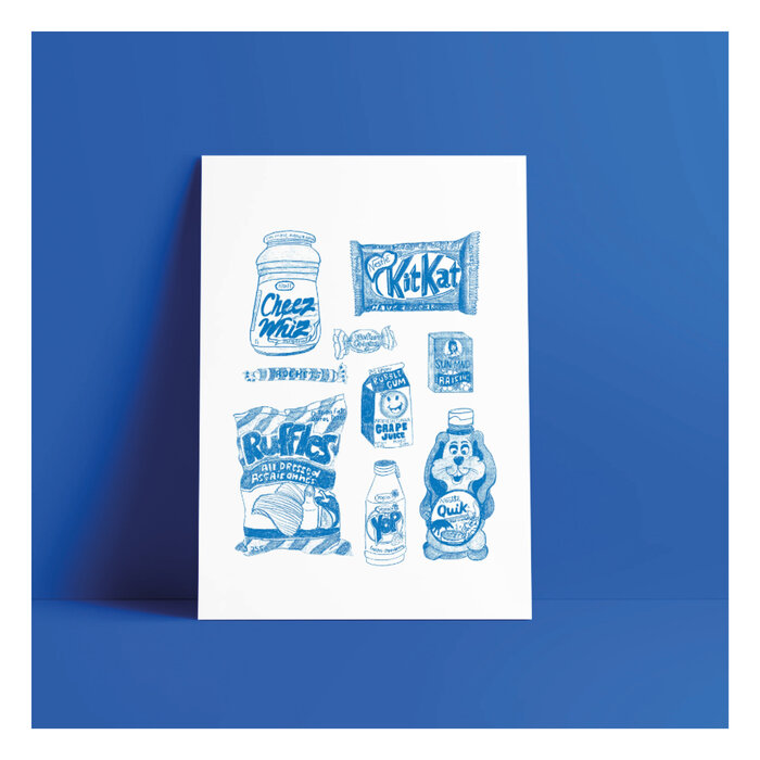 Affiche 90's Snacks Bleu Anne-Julie Dudemaine 11 x 14