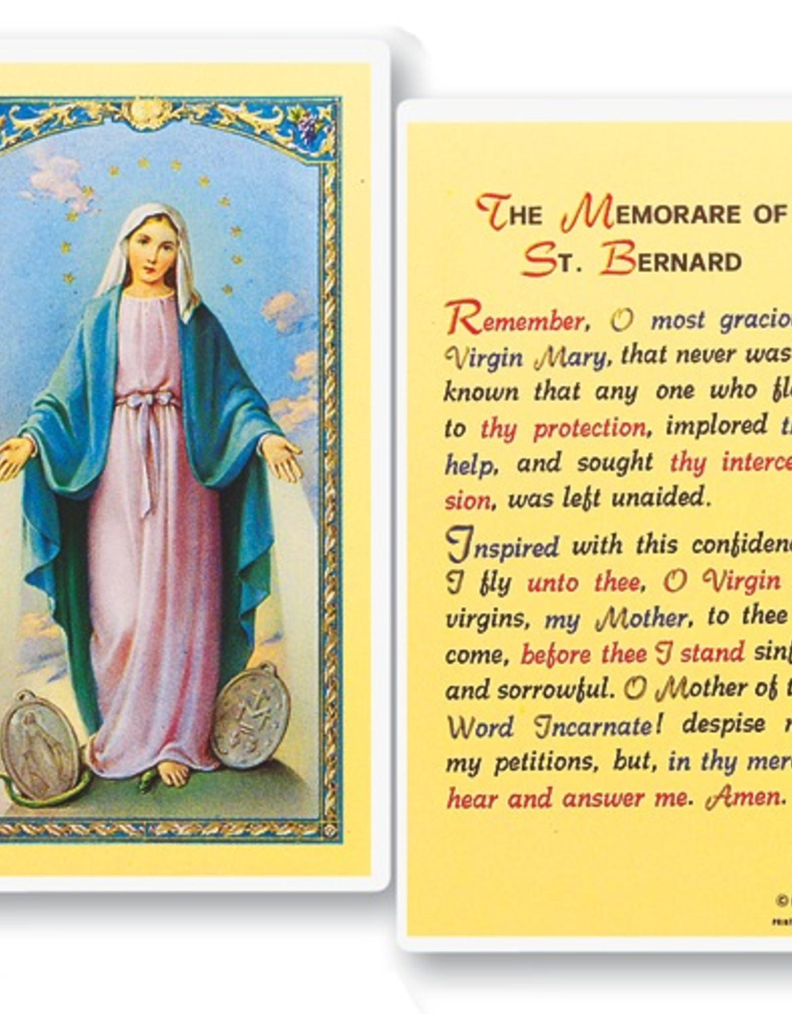 WJ Hirten The Memorare of St. Bernard( Our Lady of Grace) Holy Cards (25/pk)