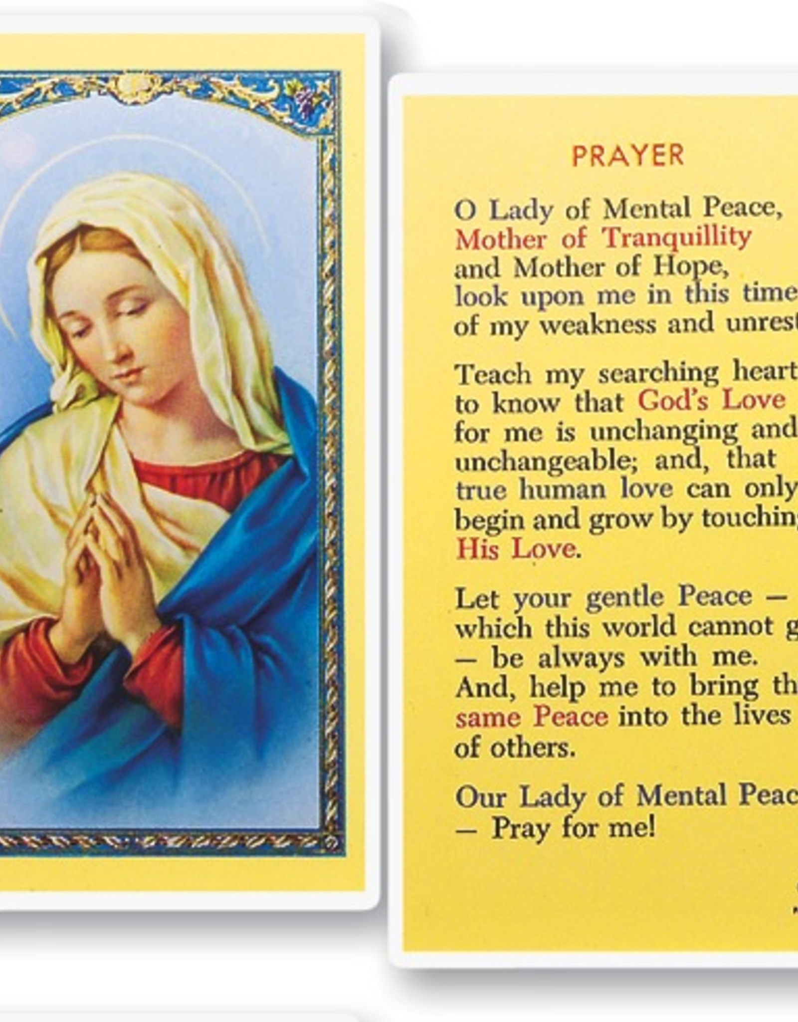 WJ Hirten Our Lady of Mental Peace Prayer - Mother of Tranquility Holy Cards