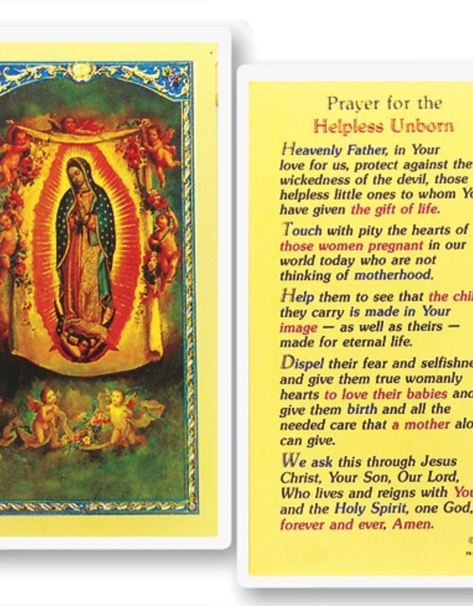 WJ Hirten Prayer for the Helpless Unborn - Our Lady of Guadalupe Holy Cards (25/pk)