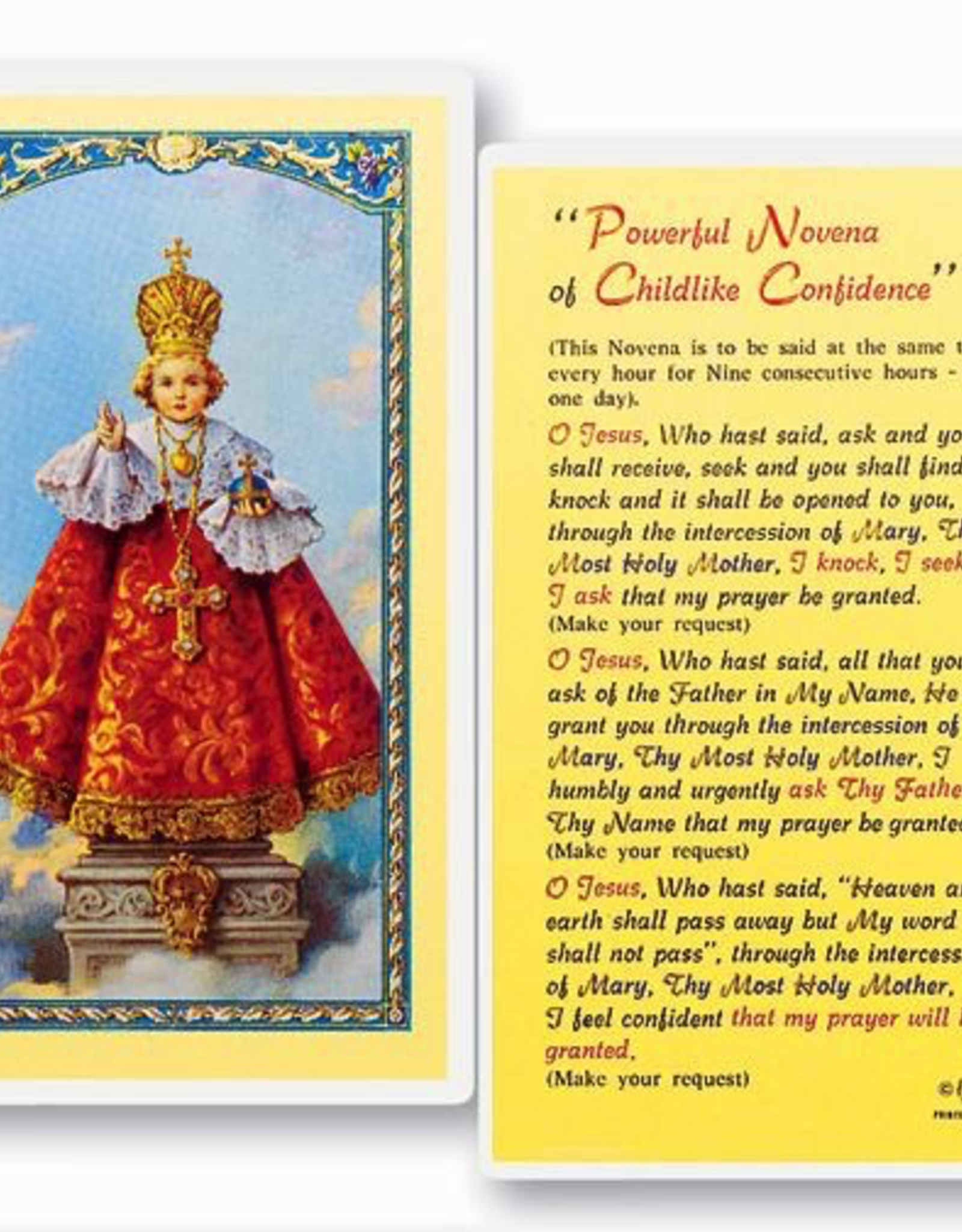 WJ Hirten Infant of Prague/Childlike Confidence Prayer Novena Holy Cards  (25/pk)