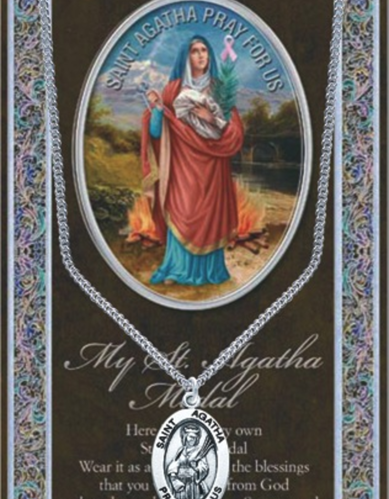 WJ Hirten St. Agatha Medal Necklace w/ Prayer Card (20" Stainless Steel Chain Included)