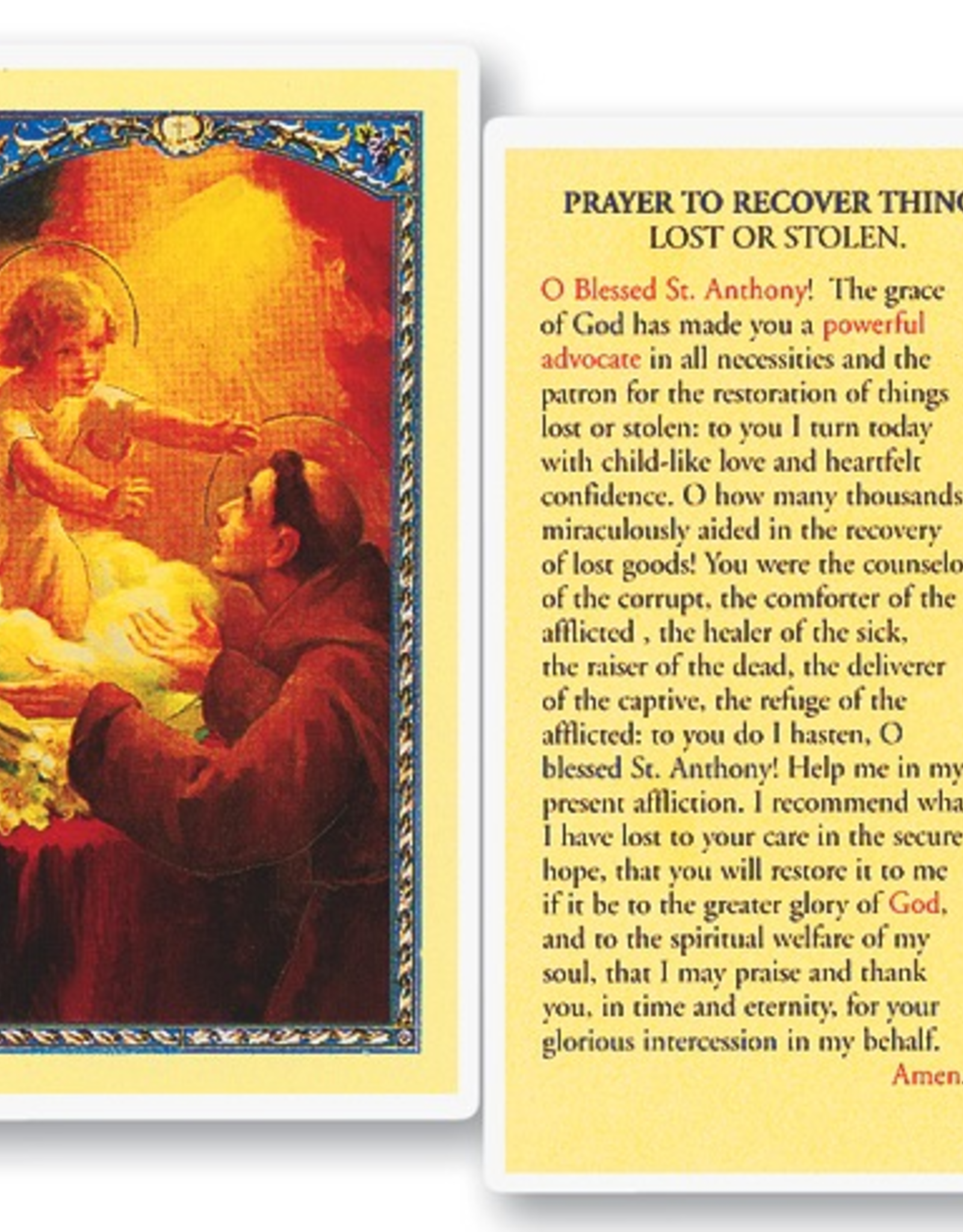 WJ Hirten St. Anthony (Prayer to Recover Things Lost or Stolen) Holy Cards