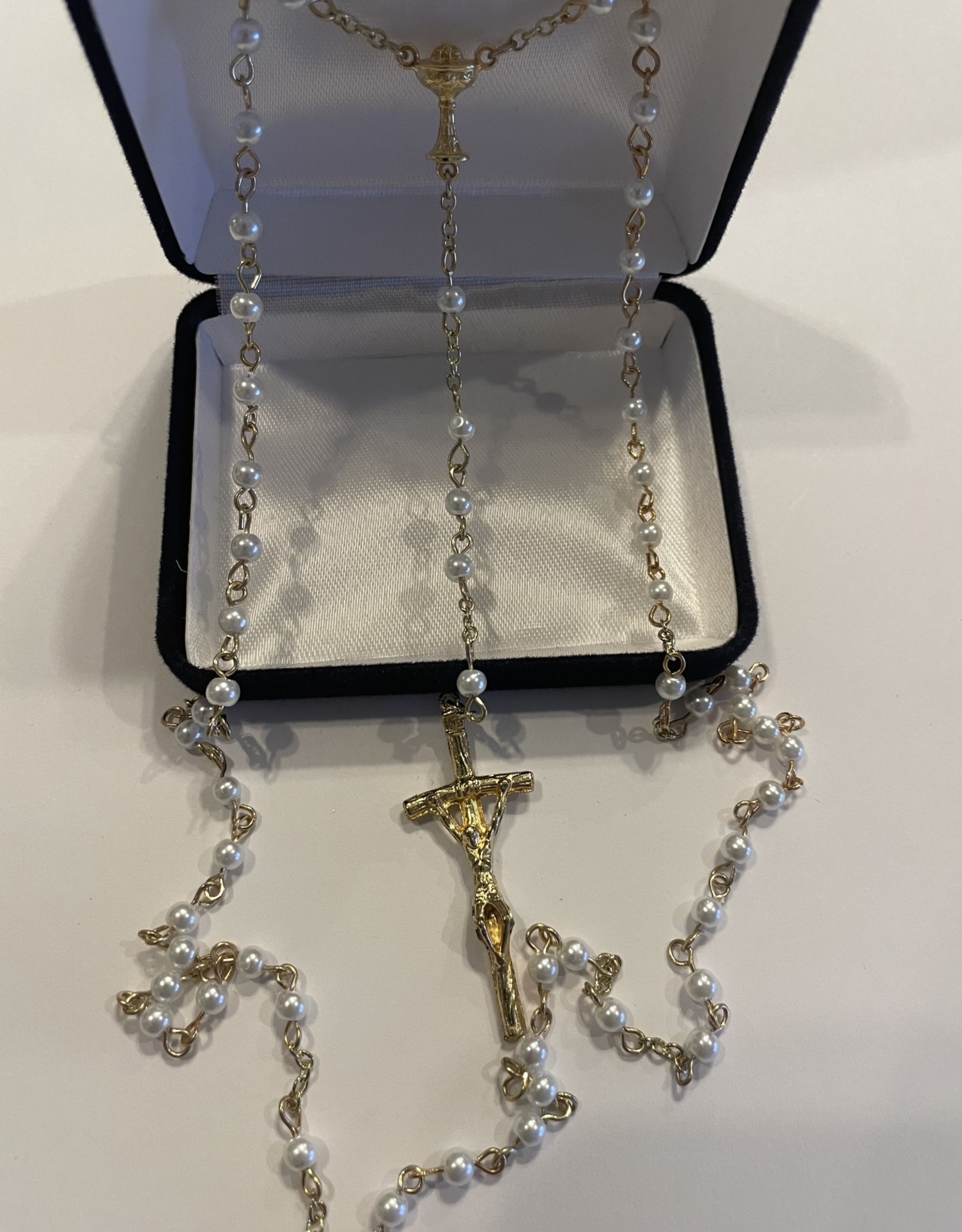 Credo Catholic Handcrafted Glass Pearl First Communion Rosary in Gold with Chalice Centerpiece and Bent Crucifix