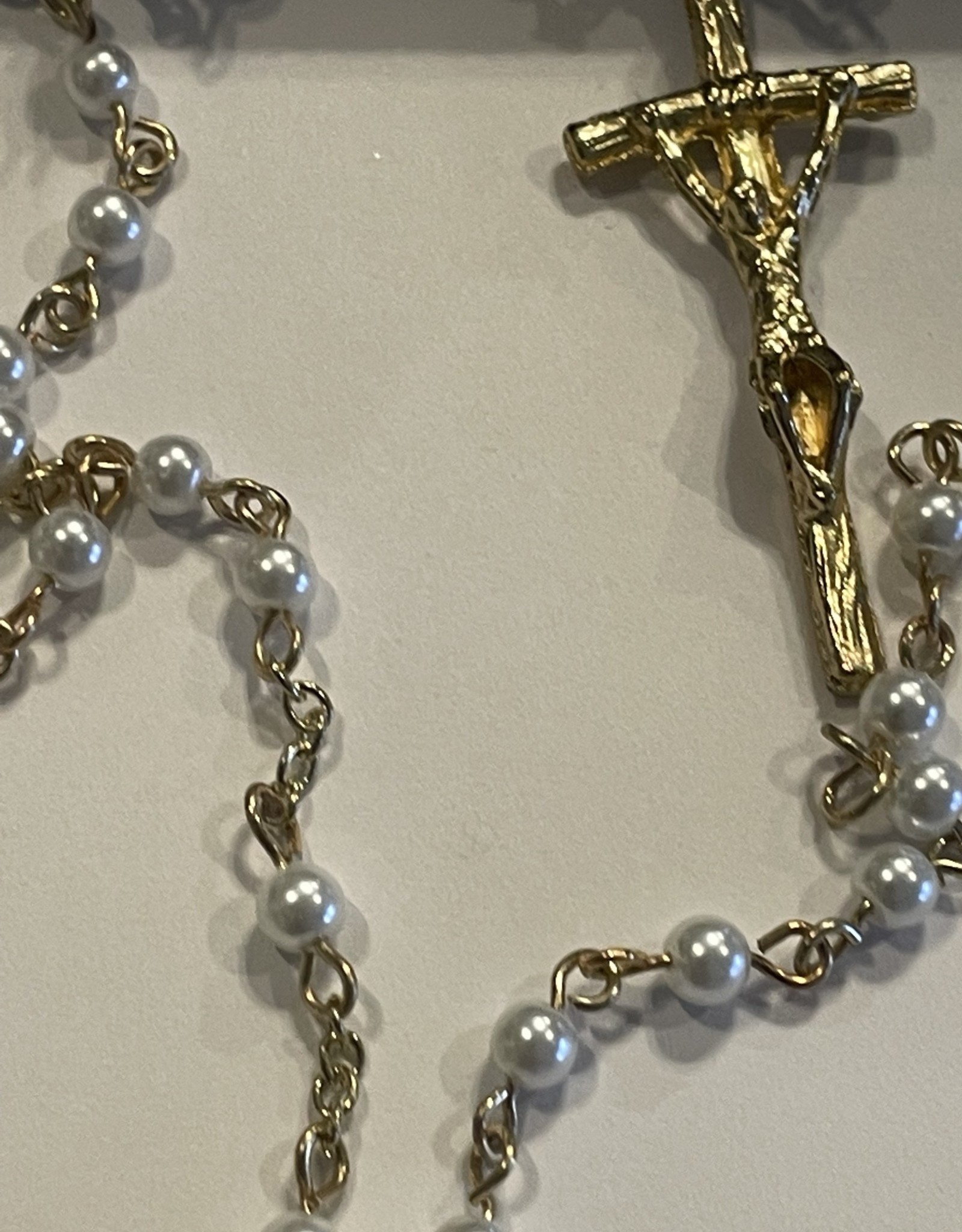 Credo Catholic Handcrafted Glass Pearl First Communion Rosary in Gold with Chalice Centerpiece and Bent Crucifix