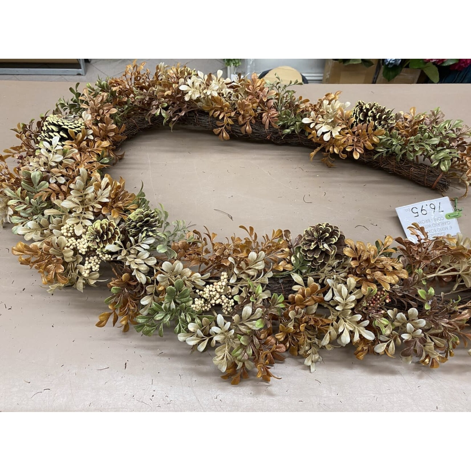 6' MIXED BOXWOOD GARLAND WITH PINE CONE BROWN