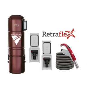 Cyclovac Combo Retraflex - Aspirateur central CycloVac H725 avec 2 prises  Retraflex avec couvre-boyau comprenant les accessoires et l'ensemble d'installation  30 pieds
