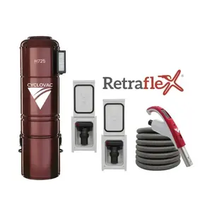 Cyclovac Combo Retraflex - Aspirateur central CycloVac H725 avec 2 prises  Retraflex avec couvre-boyau comprenant les accessoires et l'ensemble d'installation  40 pieds