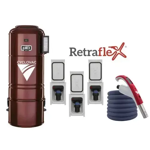Cyclovac HD925 Hybride avec 3 prises et boyaux de 30 pieds rétractables Retraflex comprenant les accessoires et l'ensemble d'installation Cyclovac HD925 Hybride avec 3 prises et boyaux de 30 pieds rétractables Retraflex comprenant les accessoires et l'ensemble d'installation