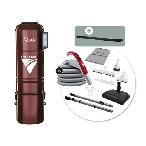 Cyclovac Aspirateur central CycloVac Quartz Exclusive + Ensemble d'accessoires de luxe avec boyau électrique de 35 pieds