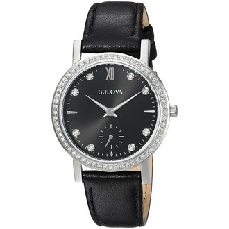 Crystal Quartz Black Dial Leather Watch