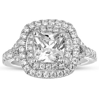 Double Halo Split Prong Diamond Engagement Ring