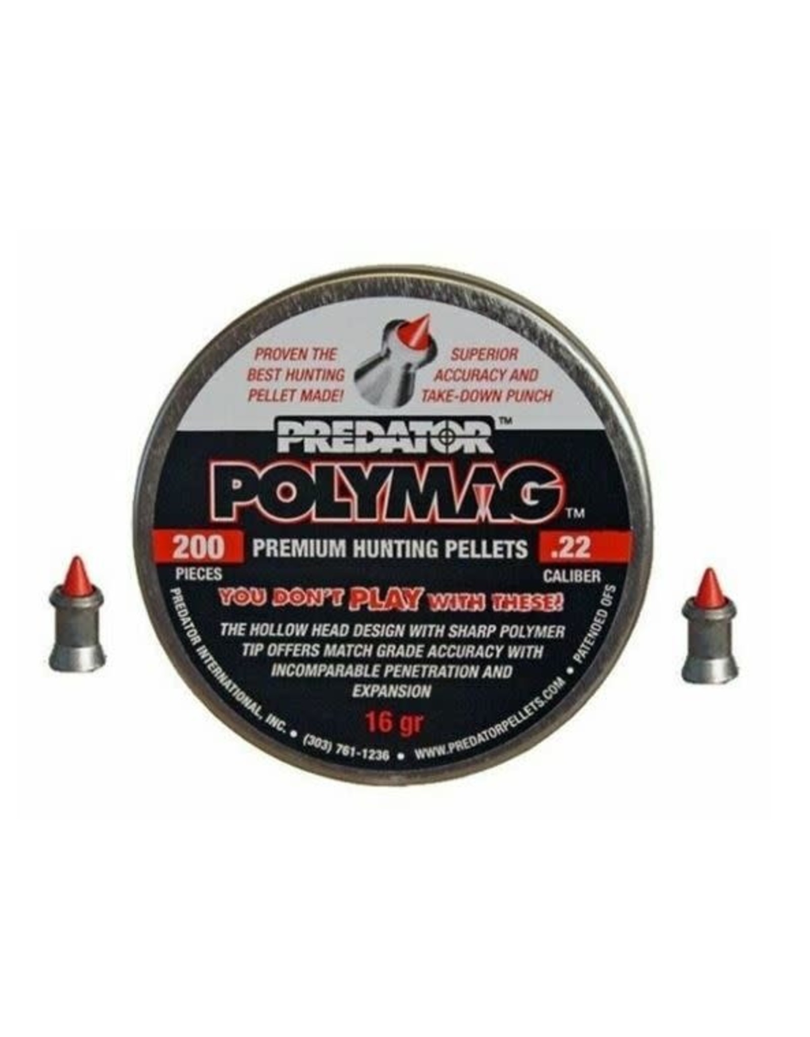 Predator Predator Polymag Long (.409"/10.41mm Length) Lead Pointed Airgun Pellets .22 Caliber (5.5mm) 16 Grains - 200 Rounds