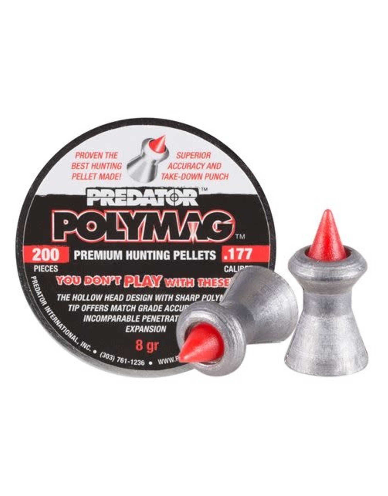 Predator Predator Polymag Long (.358"/9.10 mm Length) Lead Pointed Airgun Pellets .177 Caliber (4.5mm) 8 Grains - 200 Rounds