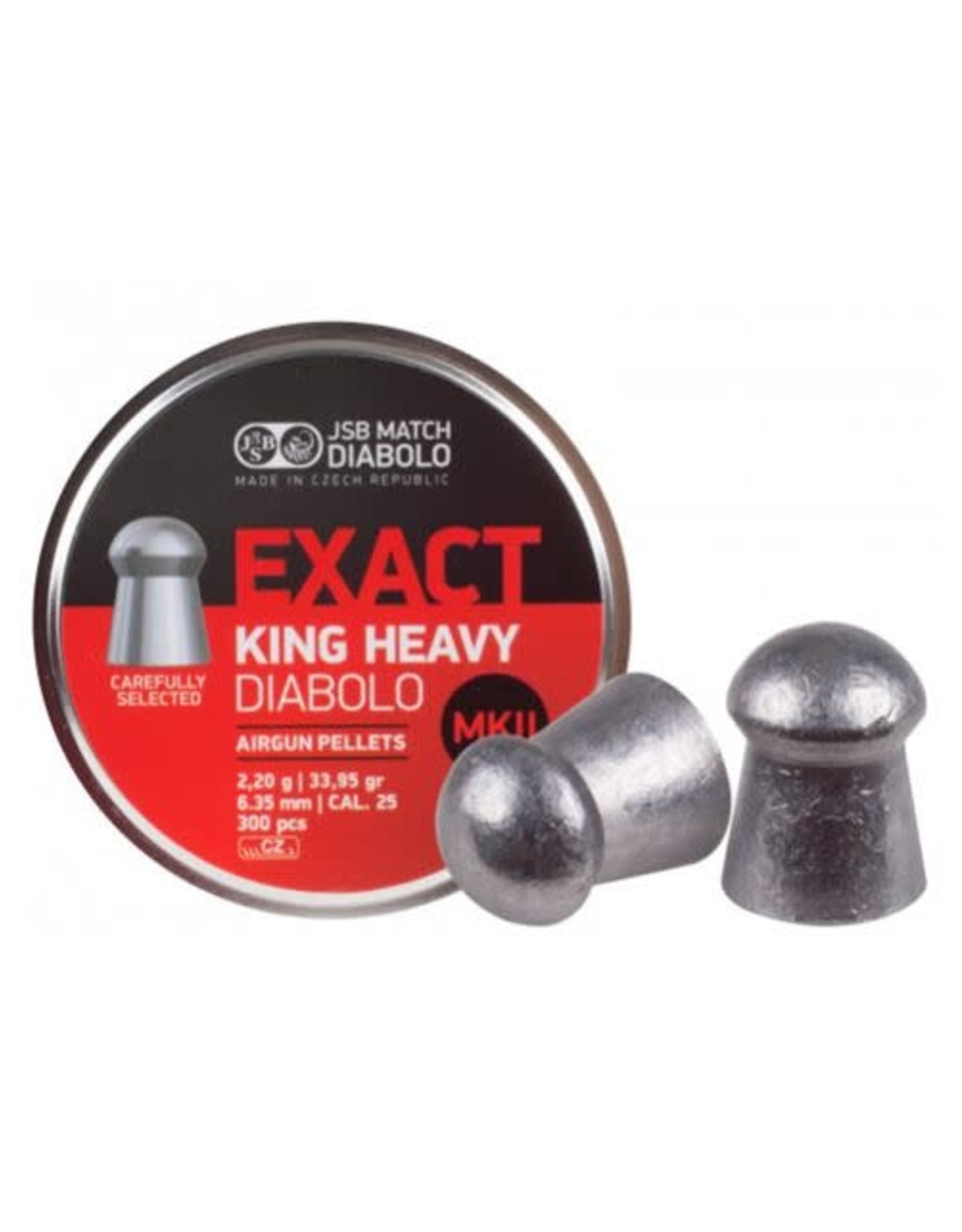 JSB JSB Exact King Heavy MKII Lead Domed Diabolo Airgun Pellets 5 Tins .25 Caliber (6.35mmr) 33.95 Grains - 300 Rounds per Tin