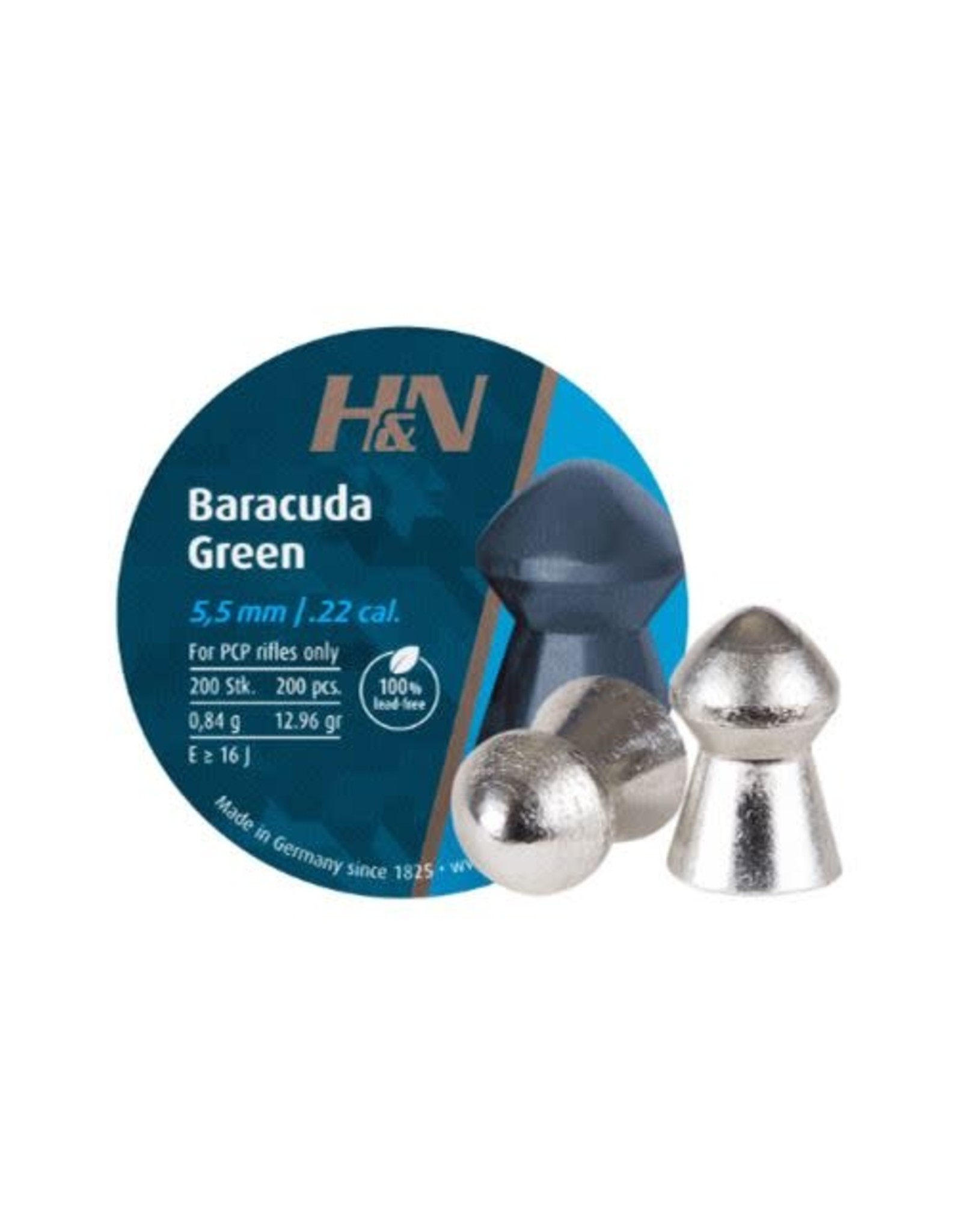 H&N Sport H&N Baracuda Green Lead-Free Domed Airgun Pellets .22 Caliber (5.5mm) 12.65 Grains - 200 Rounds