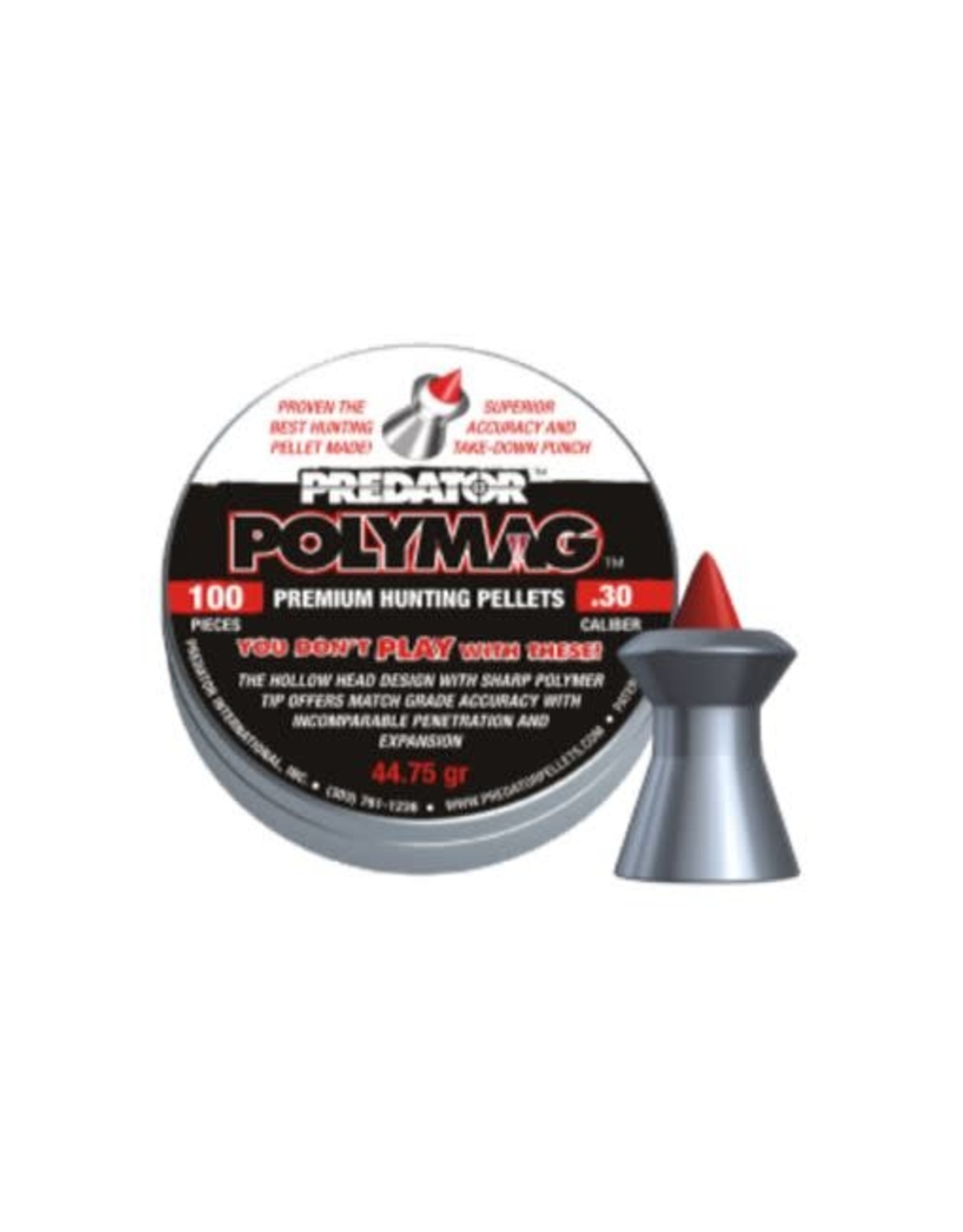 Predator .30 Cal. (7.62mm ) 44.75 Gr. Lead Pointed Tip Polymag ( .513 (13.0MM) long) - 100 Rounds by Predator