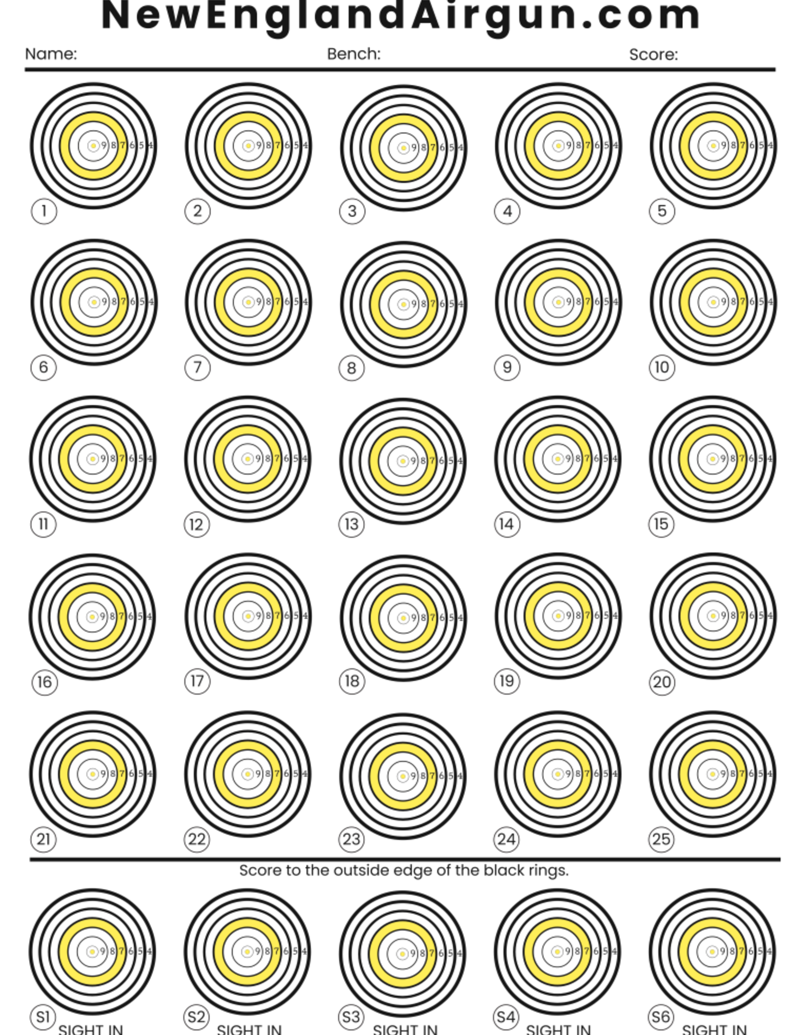 New England Airgun NEAG 100 yard Benchrest Target x20 Pack  | 3'x4' format | ASA Dimensions