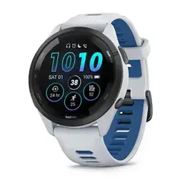 Garmin Forerunner® 265, Black Bezel with Whitestone Case and Whitestone/Tidal Blue Silicone Band