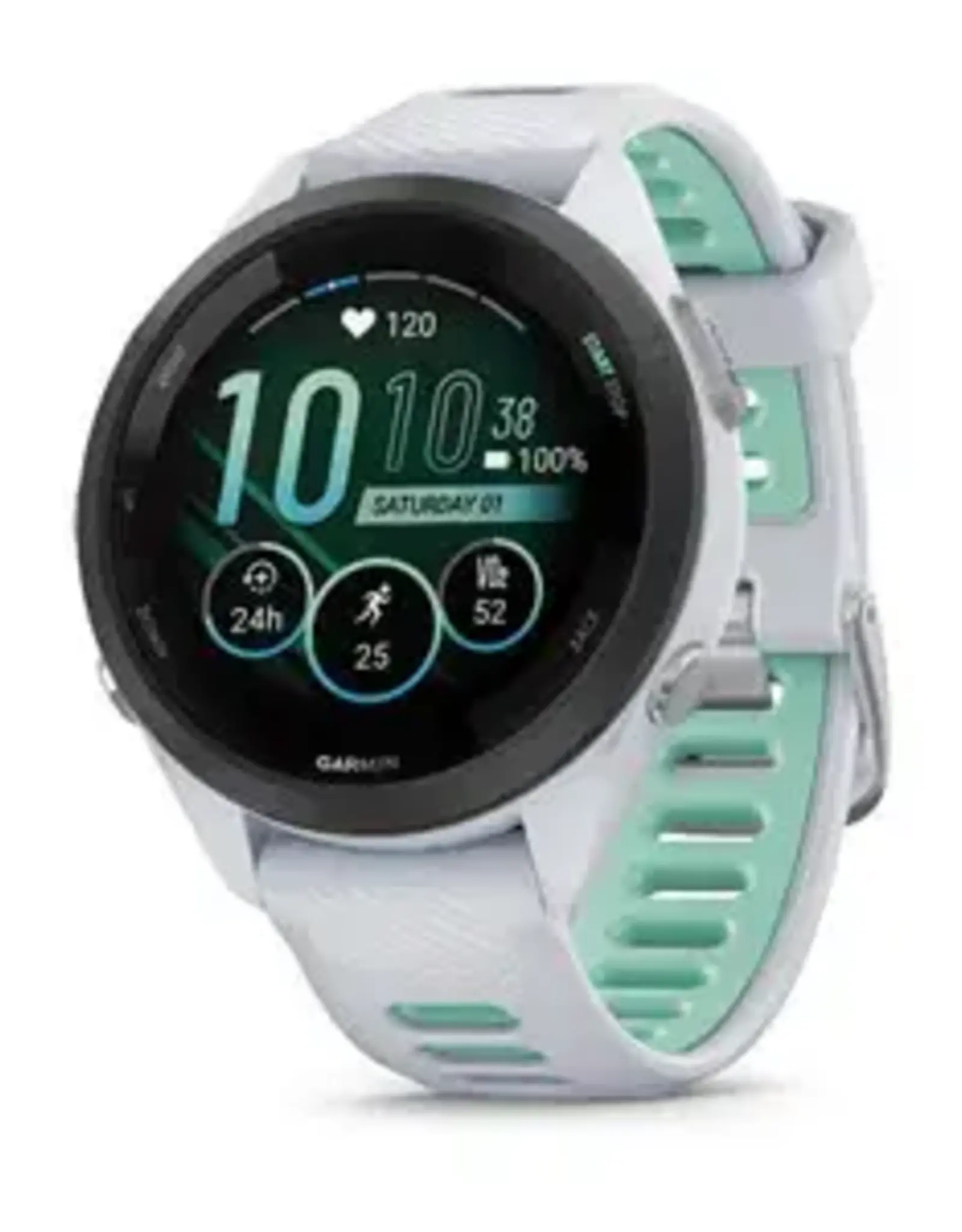 Garmin Forerunner® 265S, Black Bezel with Whitestone Case and Whitestone/Neo Tropic Silicone Band