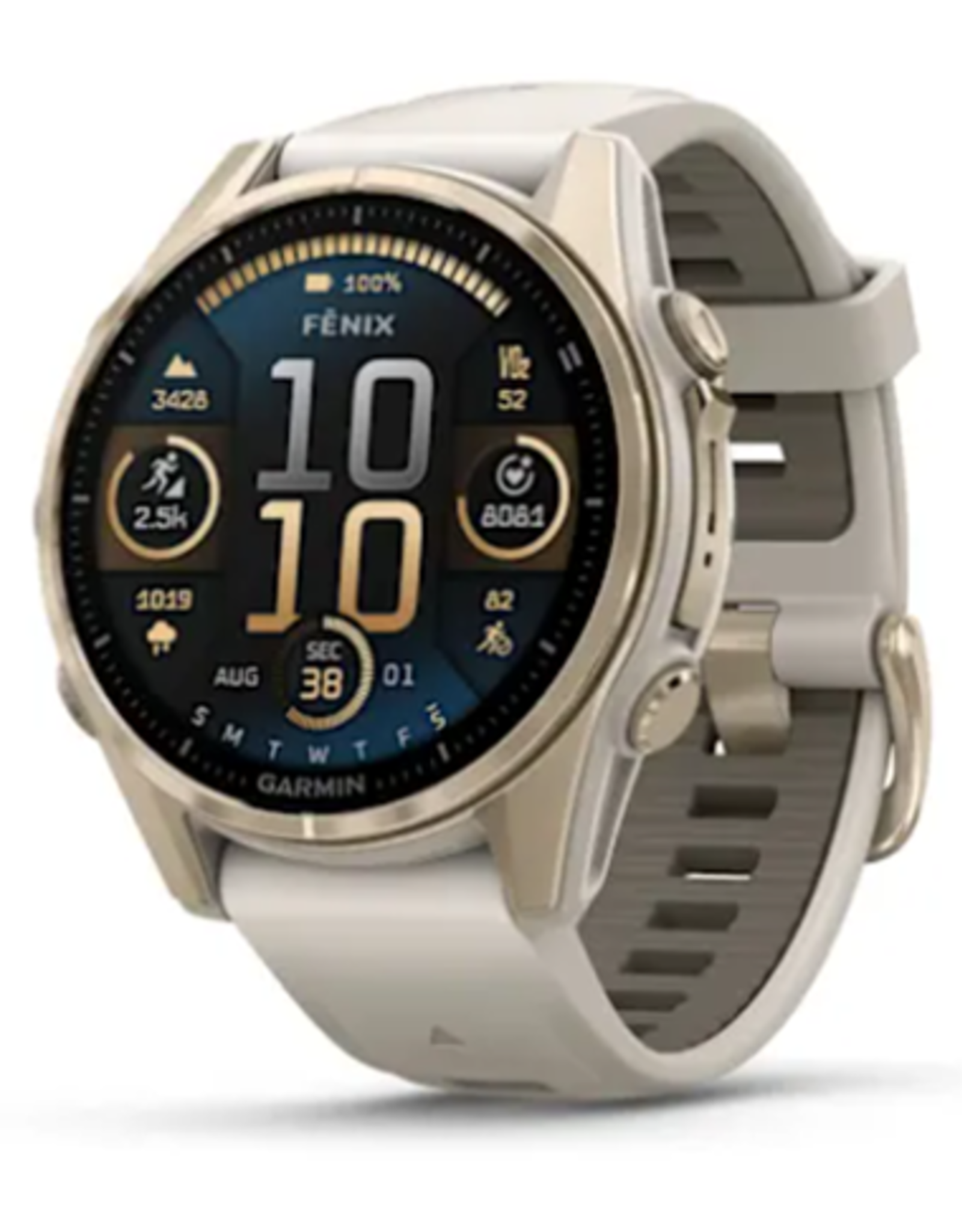 Garmin fenix® 8 – 43 mm, AMOLED, Sapphire, Soft Gold with Fog Gray/Dark Sandstone Silicone Band