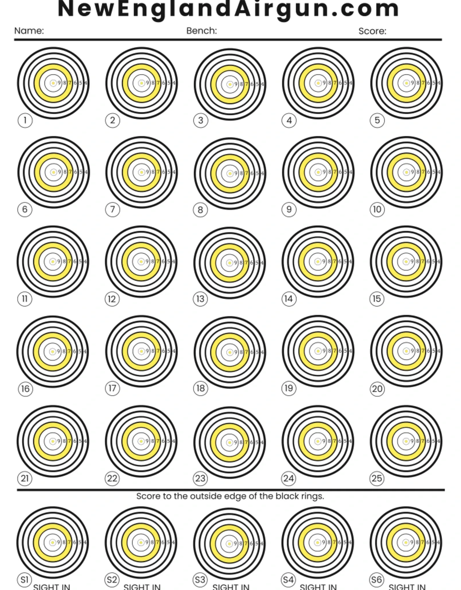 New England Airgun NEAG 100 yard Benchrest Target x100 Pack  | 3'x4' format | ASA Dimensions