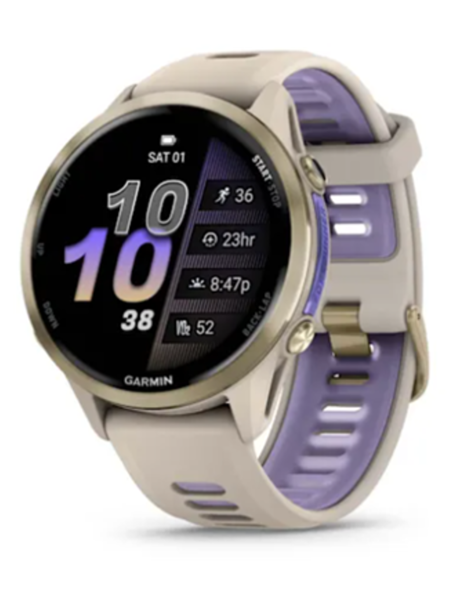 Garmin Forerunner® 970 Soft Gold Titanium with French Gray Case and French Gray/Translucent Indigo Band