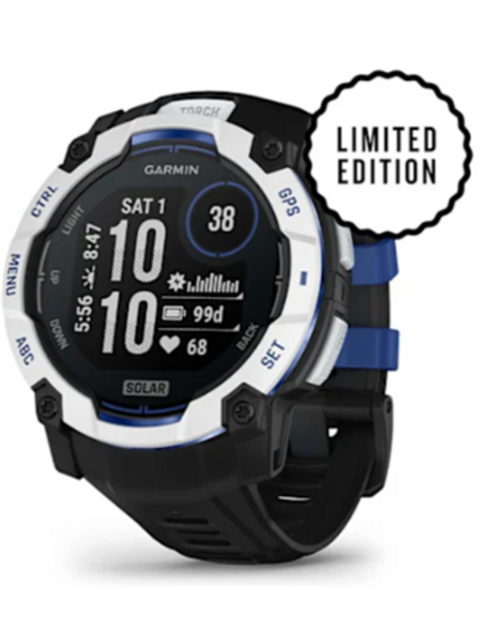Garmin Instinct® 3 – 50 mm, Solar, Whitestone with Black/Bolt Blue Band