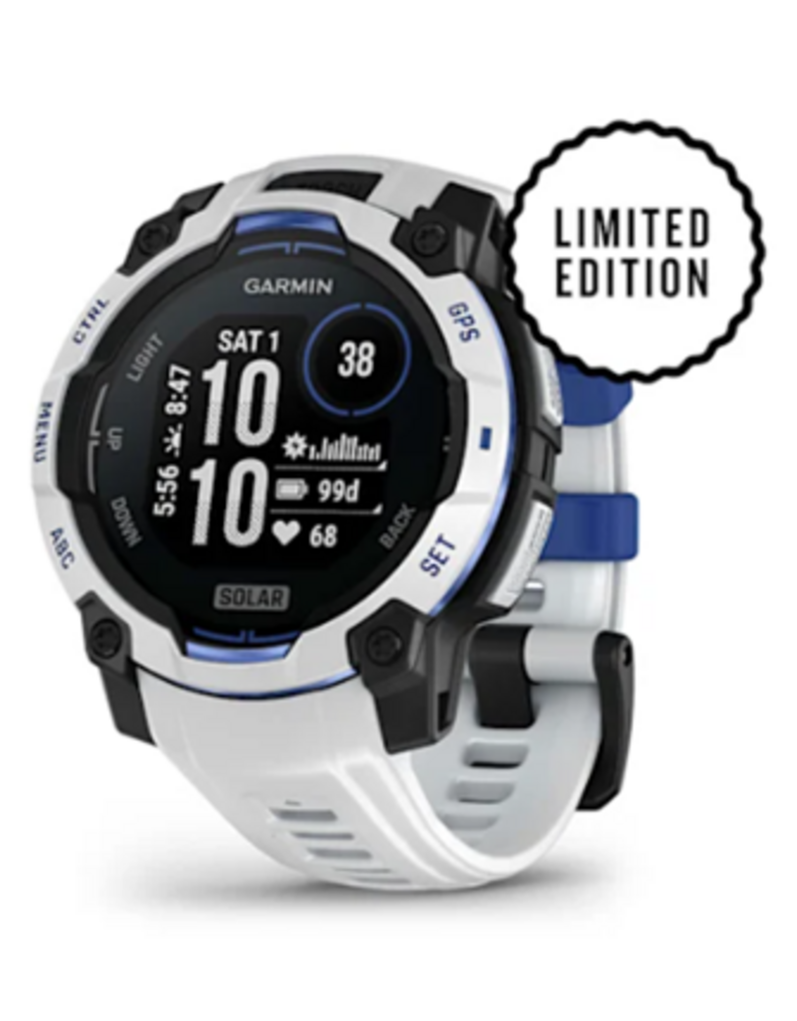 Garmin Instinct® 3 – 45 mm, Solar, Whitestone with Whitestone/Bolt Blue Band