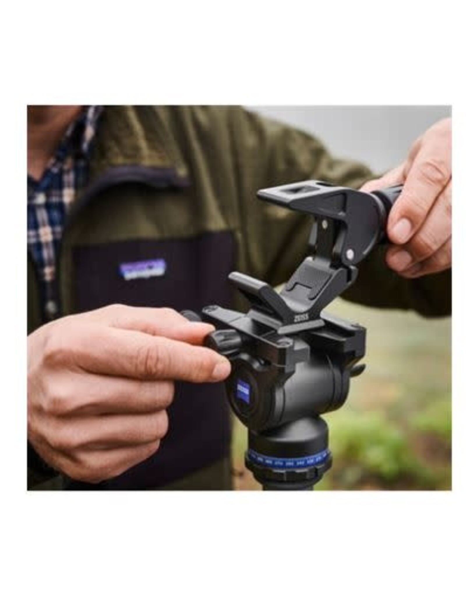 ZEISS - Sport Optics - Scopes and Binoculars ZEISS Bino Clamp holds various sizes / brands of binoculars atop a tripod