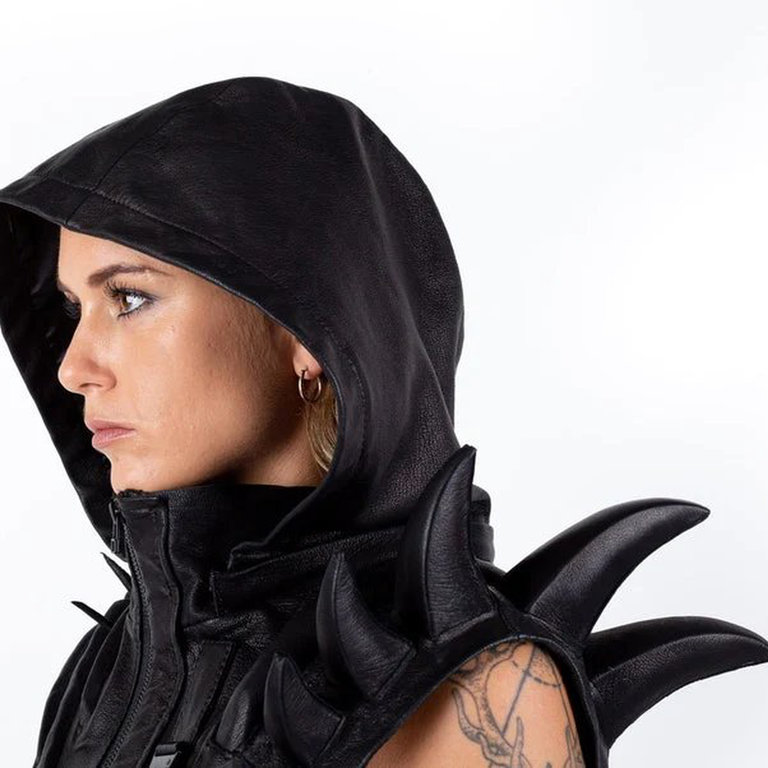 JUNGLE TRIBE Sole Defender Leather Hood with Spiked Epaulettes