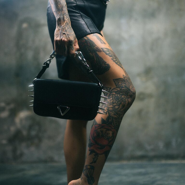 JUNGLE TRIBE Spiked Black Leather Clutch