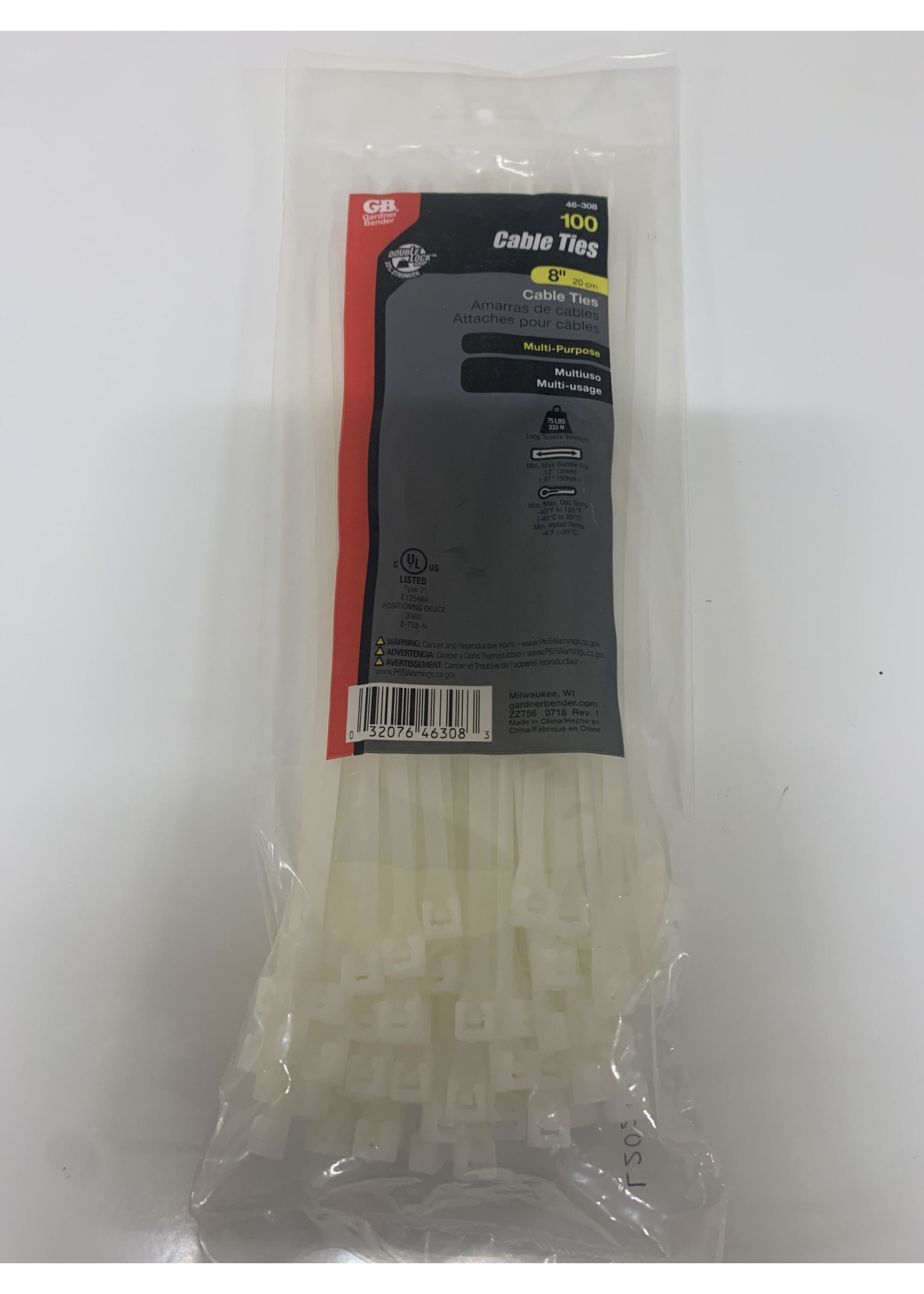 GARDNER BENDER CABLE TIES 8" TRANSPARENTE PQTE DE 100 (05-09-025)