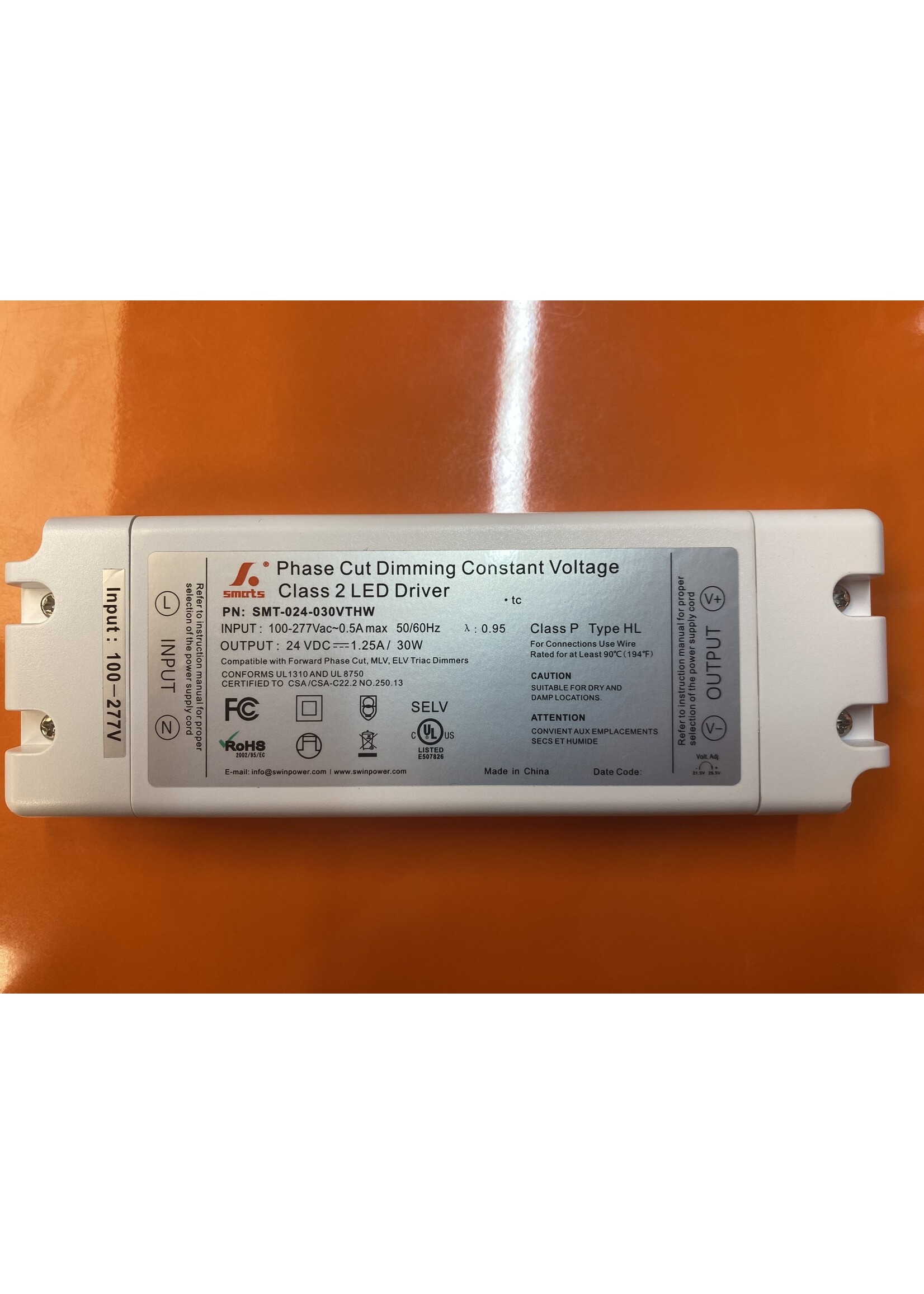 SMARTS ELECTRONIC SMT-024-030VTHW 277VAC Triac dimmable constant voltage LED driver Input voltage: 100-277VAC 47-63HZ Output: 24VDC @1.25A 30W