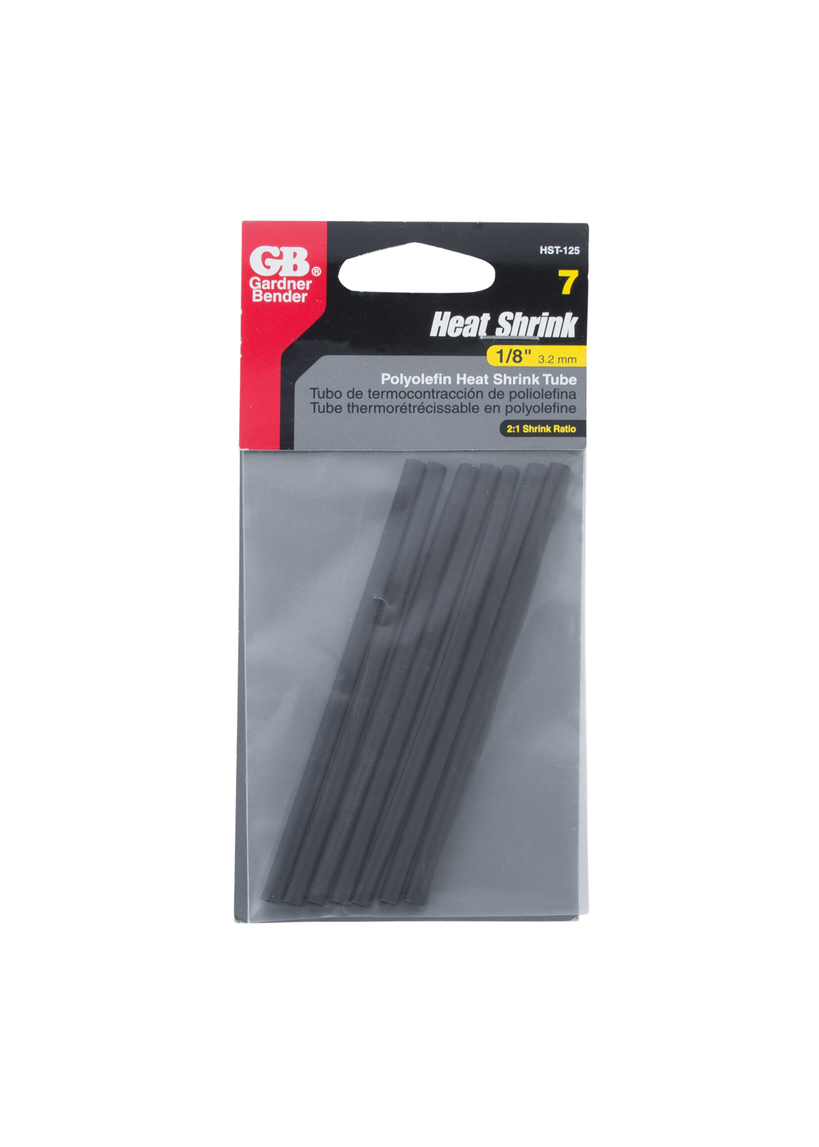 GARDNER BENDER Polyolefin Heat Shrink Tubing, 2:1 Shrink Ratio 1/8 in. (3.2mm) Dia. to 1/16" (1.6mm) Dia., 4 In. Long, Black, (7/Pkg)  HST-125