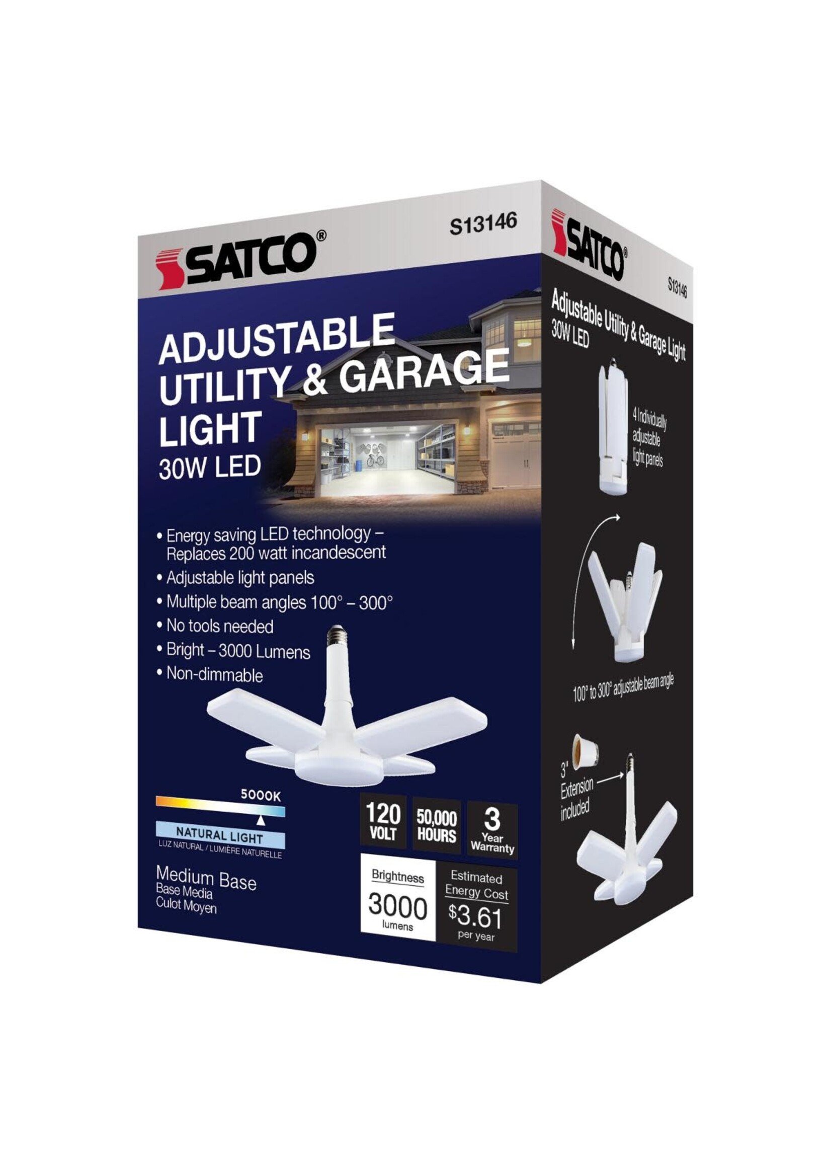 NUVO SATCO S13146 30W LED GARAGE UTILITY LIGHT 5000K MEDIUM BASE ADJUSTABLE BEAM ANGLE