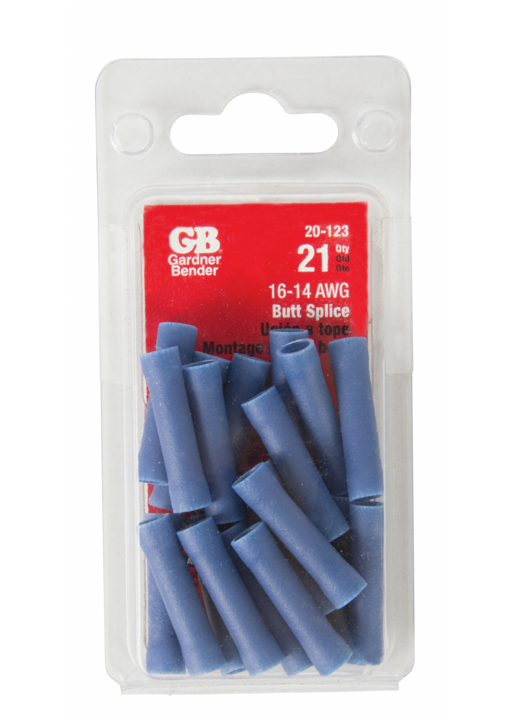 GARDNER BENDER Butt Splice, Crimp Connector, #16-#14 AWG (2 mm²), Vinyl Insulated, Blue, (21/Pkg) - 20-123